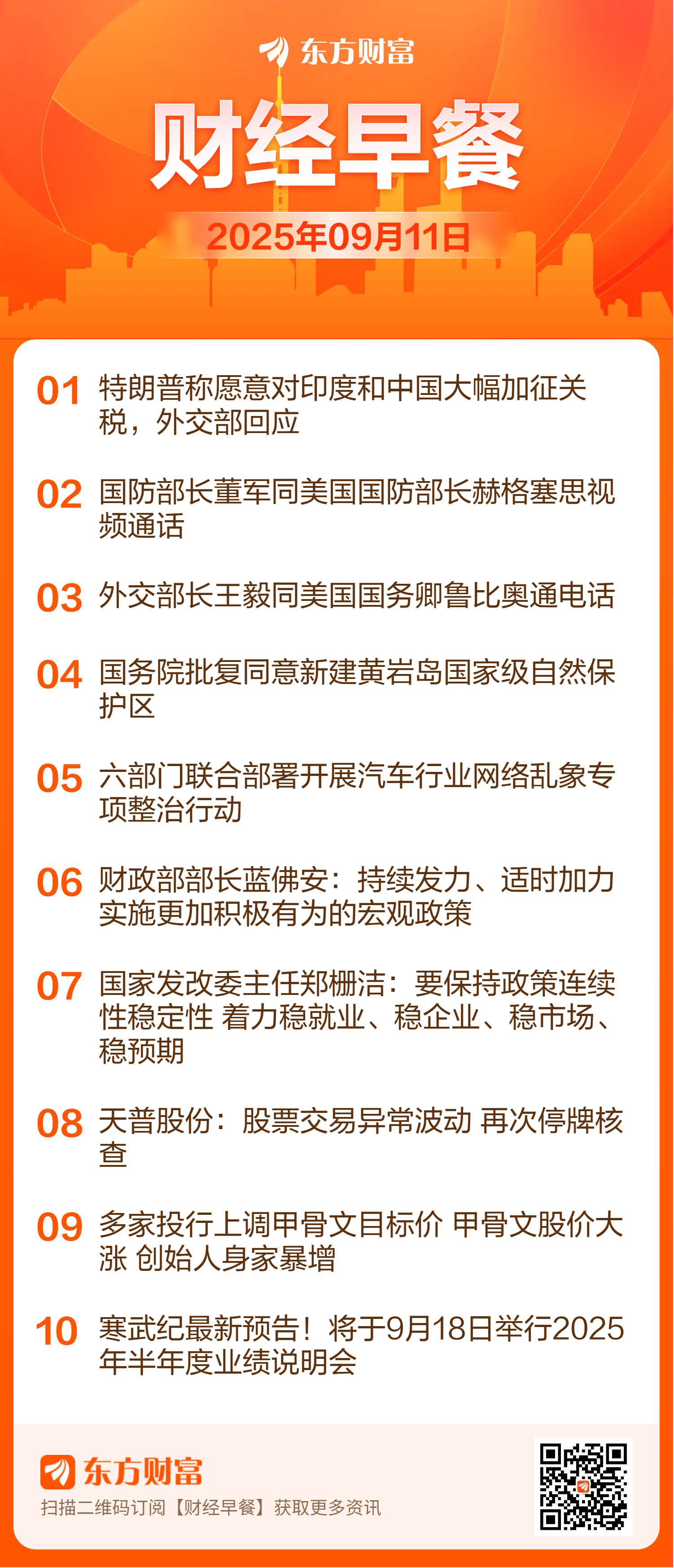 东方财富财经早餐 9月11日周四