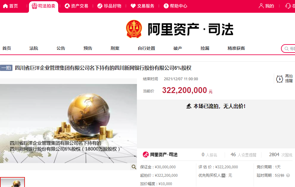 巨洋集团持有的新网银行6%股权流拍
