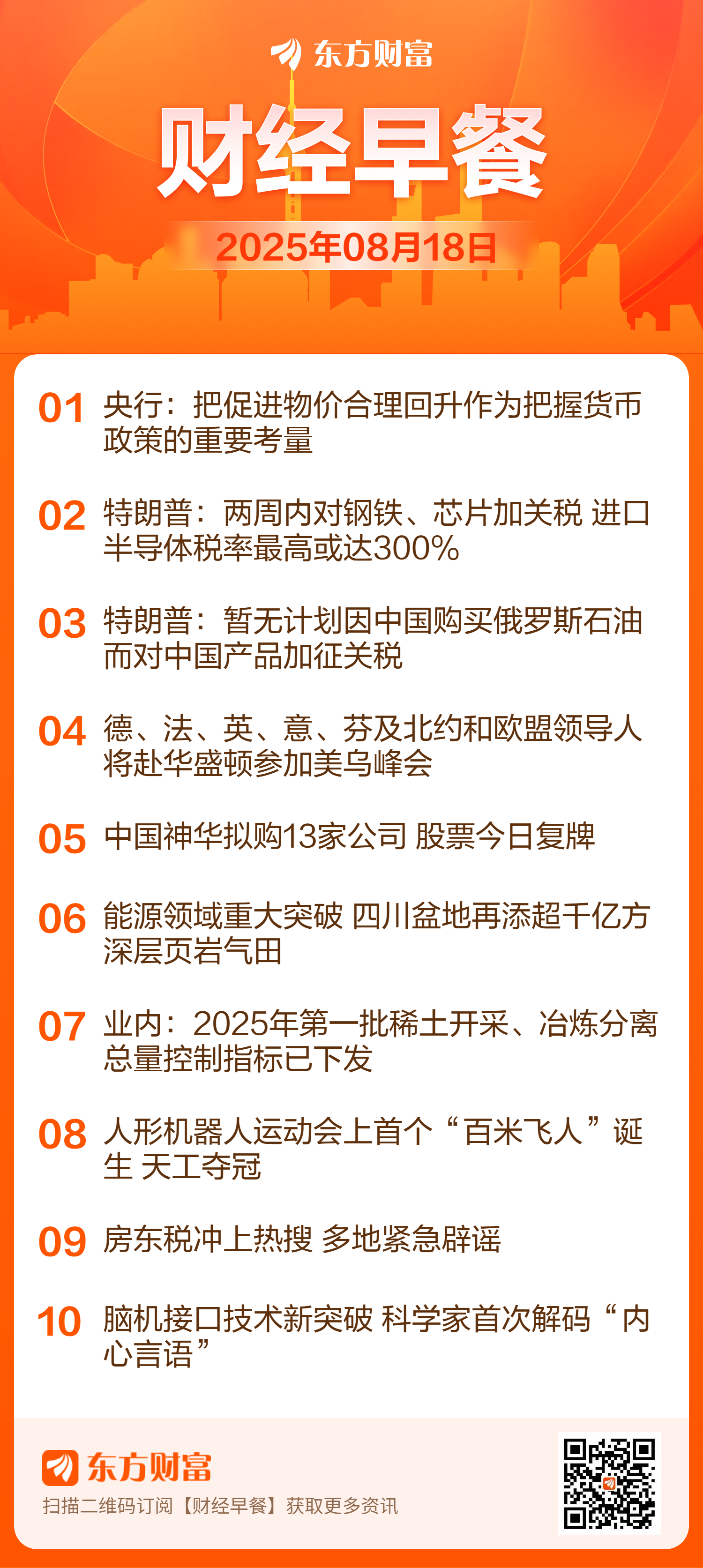 东方财富财经早餐 8月18日周一
